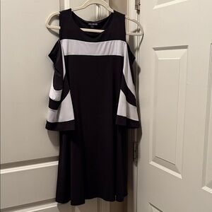 Nina Leonard’s Black and White Cold Shoulder Sleeve Dress